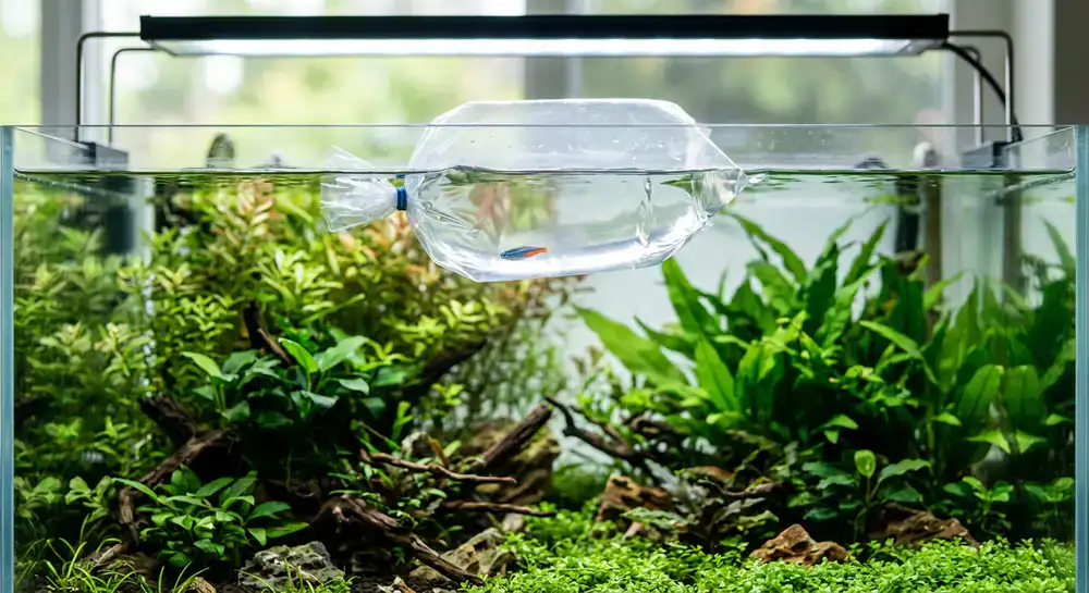 Floating closed fish bag in a planted aquarium