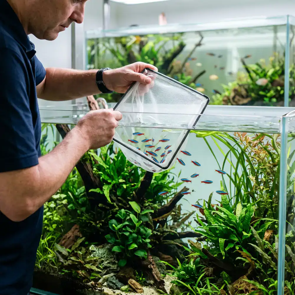 Using a soft net to release fish into an aquarium