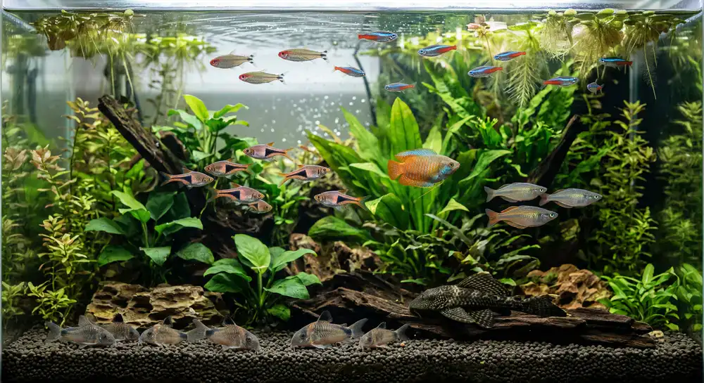 Close up view of a peaceful community tank showing different fish strata