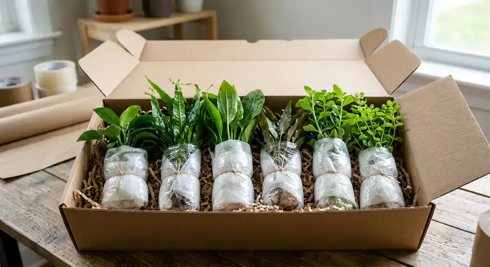 Carefully packaged aquatic plants in a transit box