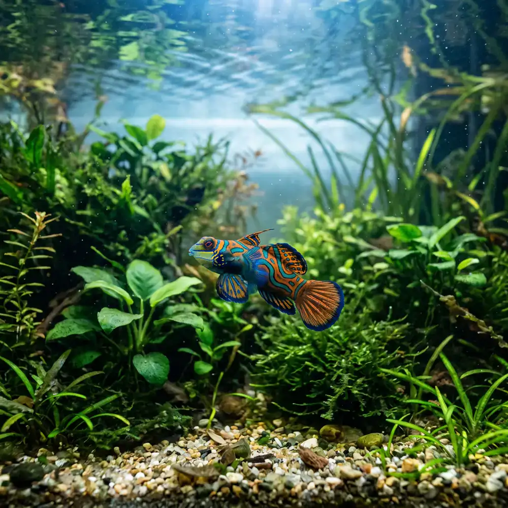 A striking, colorful solitary fish swimming amidst plants
