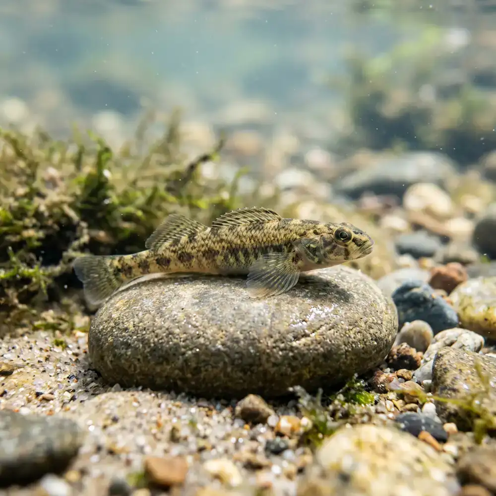 A small bottom-dwelling fish resting on a smooth stone