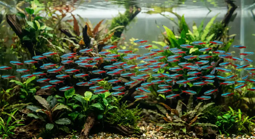 A vibrant school of small tetras swimming uniformly