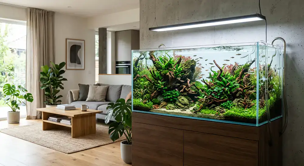 Large rimless planted aquarium in a contemporary living room