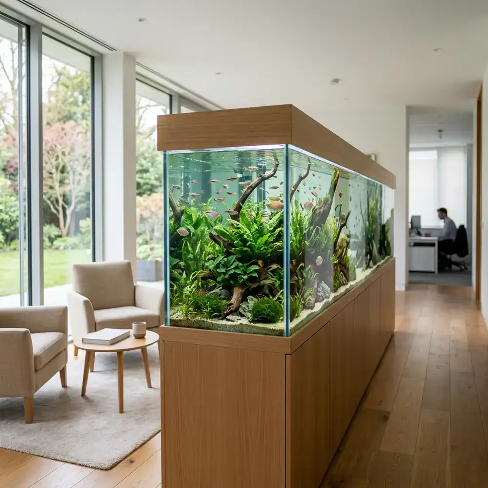 Long aquarium acting as a room divider