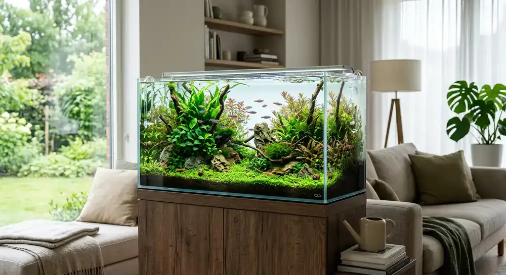 A beautifully lit planted aquarium in a modern living room