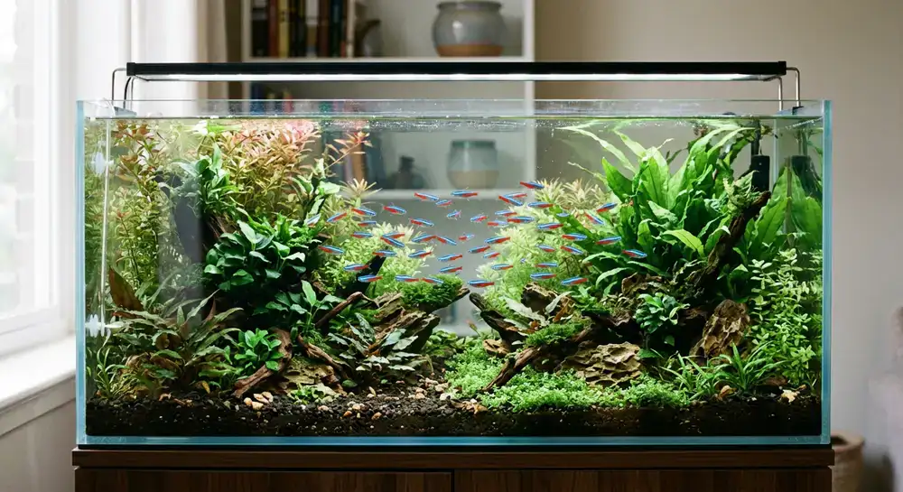 A lush, heavily planted interior aquarium featuring a vibrant school of tetras