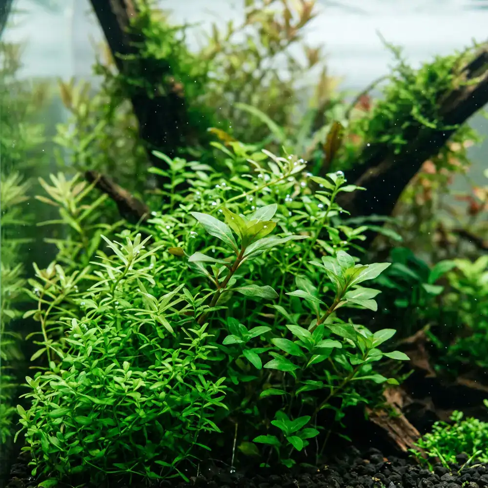 Close up view of lush green aquatic plants in clear aquarium water