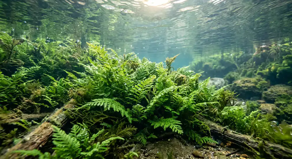 Lush green aquatic fern underwater
