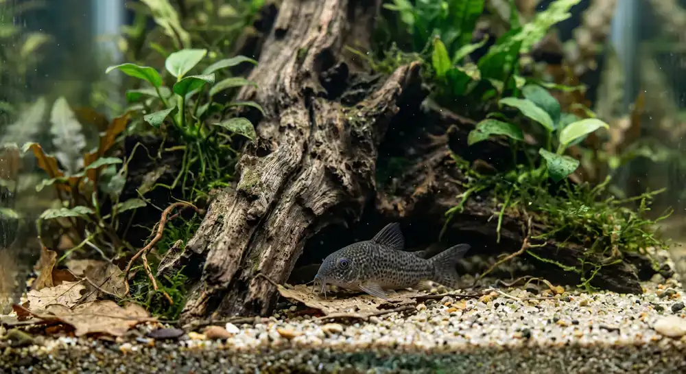 A small catfish near natural driftwood
