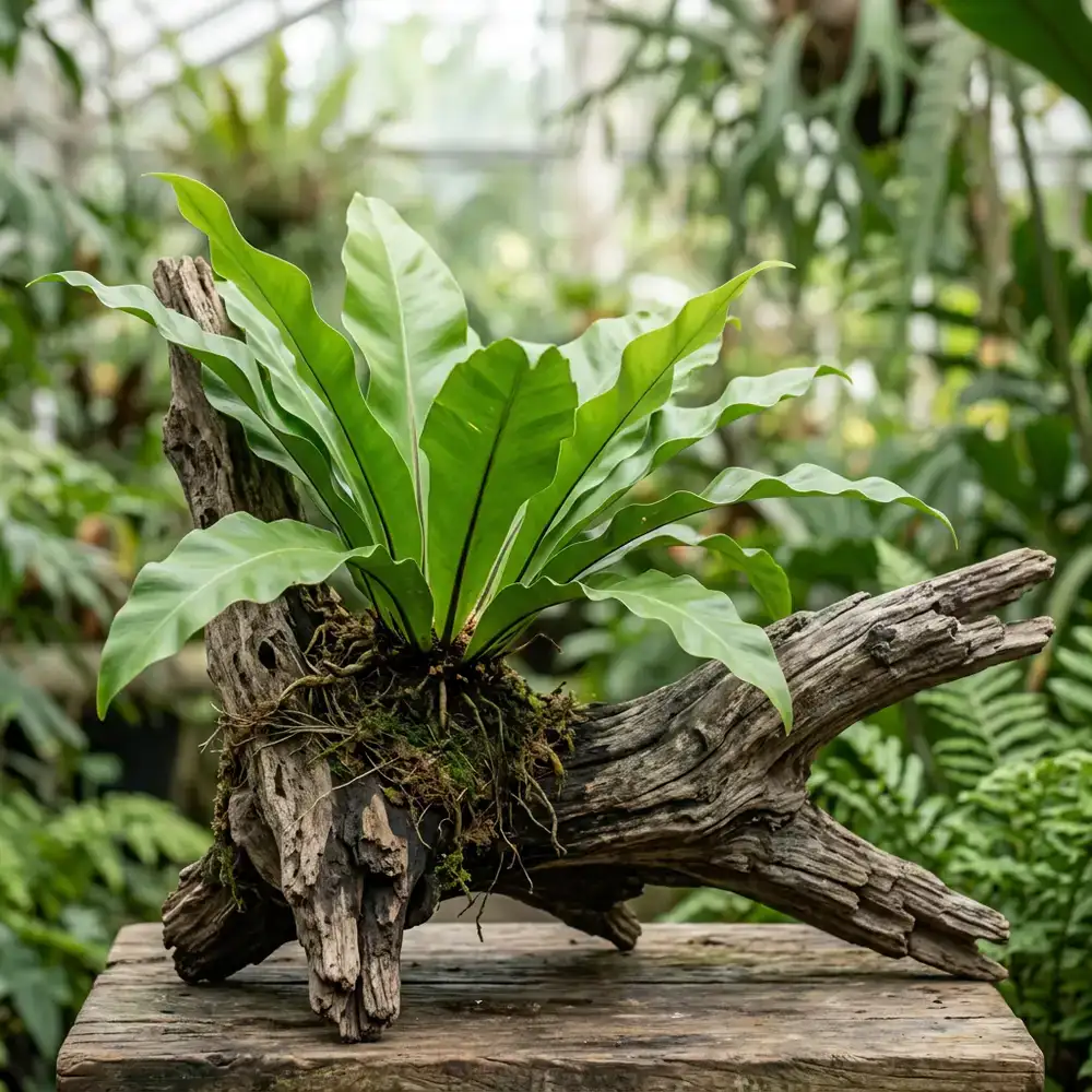 Broadleaf epiphyte plant attached to driftwood
