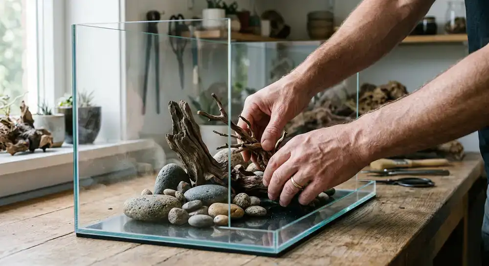 Detailed view of hands arranging intricate driftwood and stones inside an empty glass tank