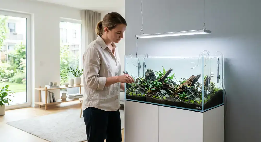 A beautifully lit rimless aquarium being set up in a bright modern interior space