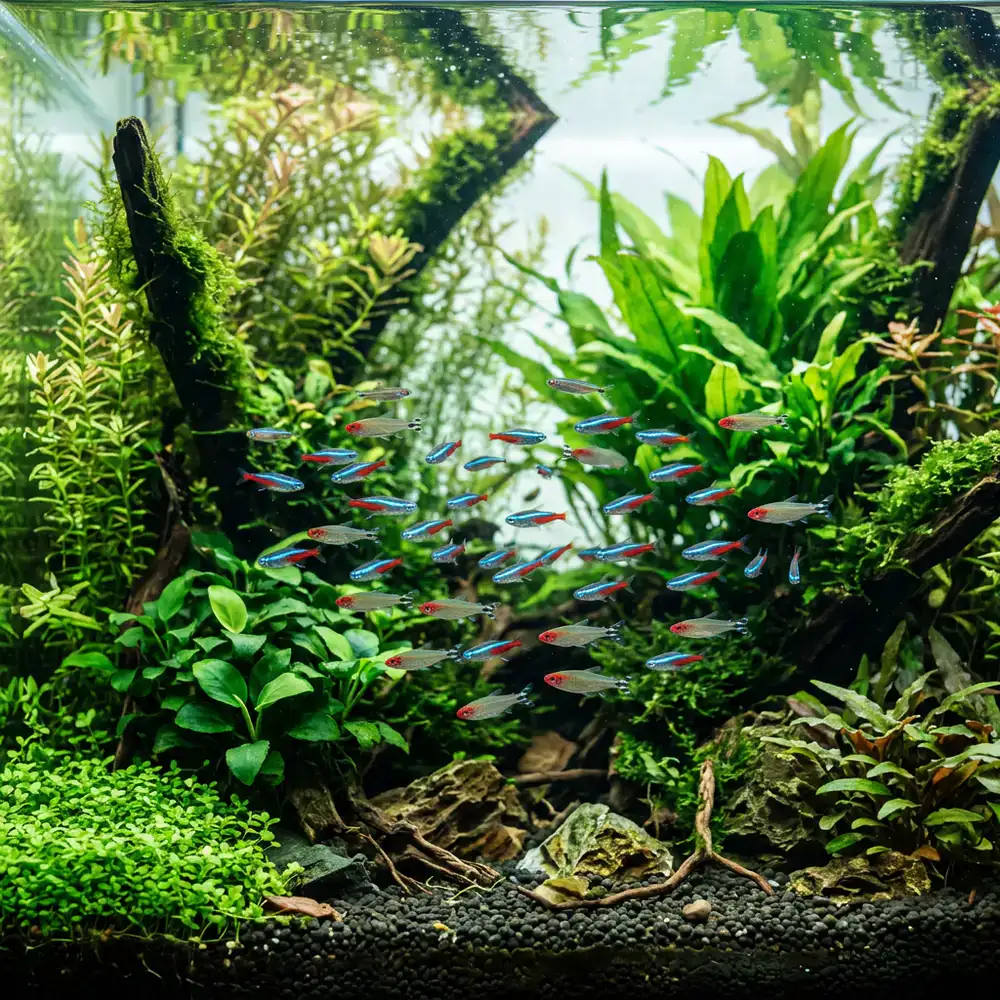 Lush green aquatic plants and colorful small schooling fish swimming in perfectly clear water