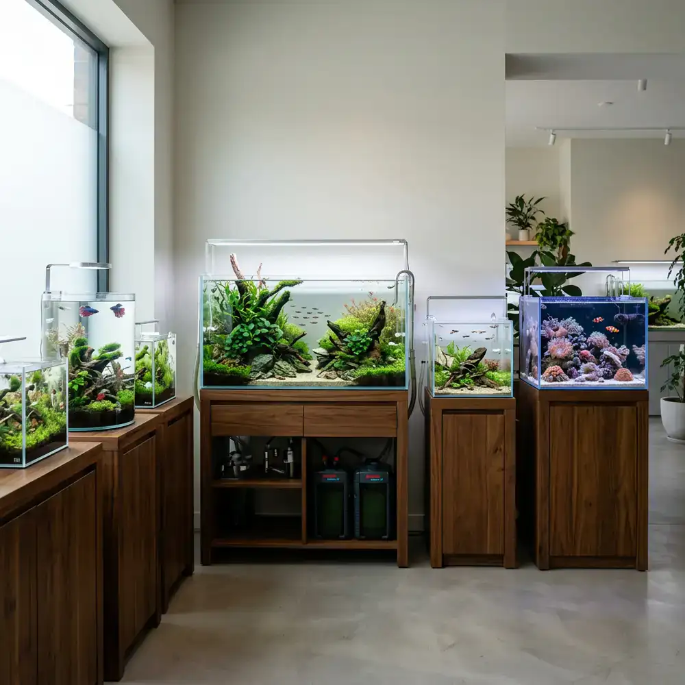 Various sizes of clear glass aquariums positioned on elegant moisture-resistant cabinets