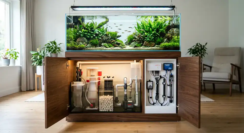 Sleek wooden aquarium cabinet with organized filtration inside
