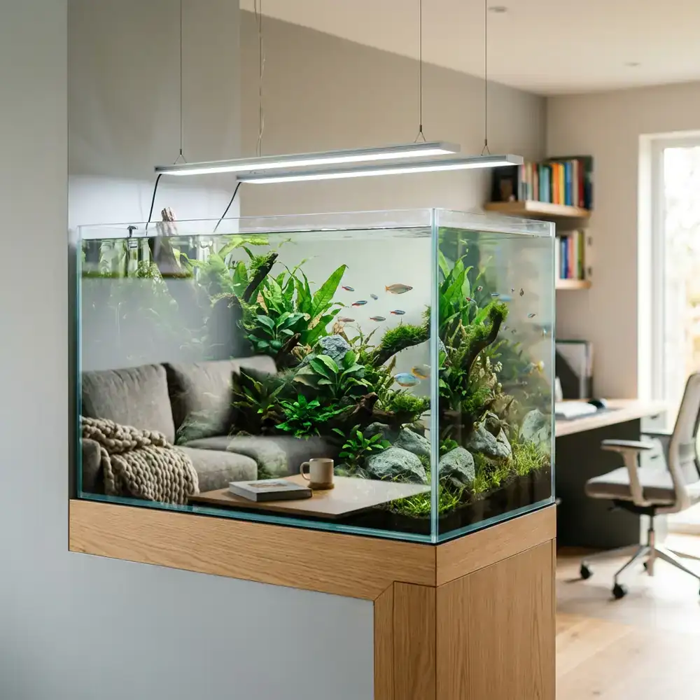 Large peninsula style aquarium acting as a room divider