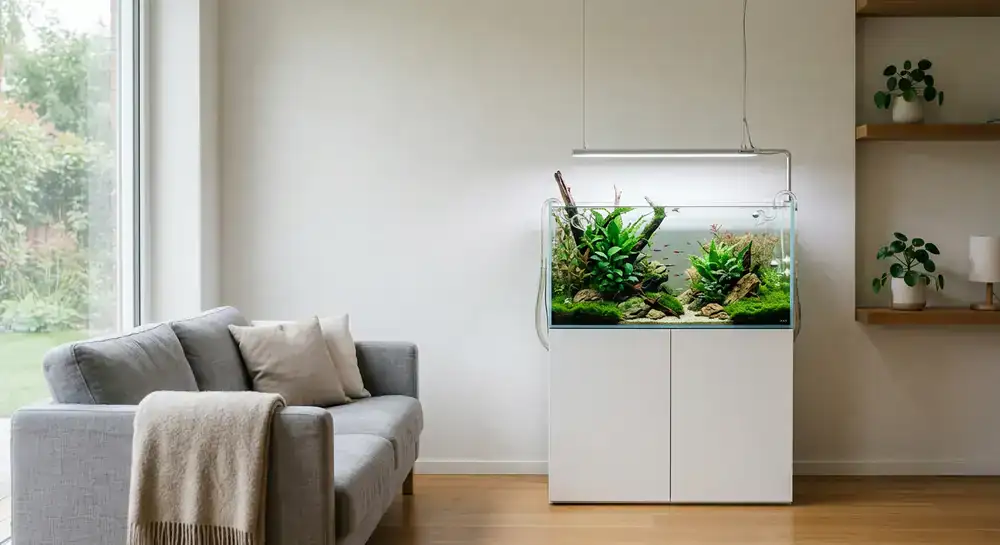Minimalist rimless aquarium setup in a modern living room