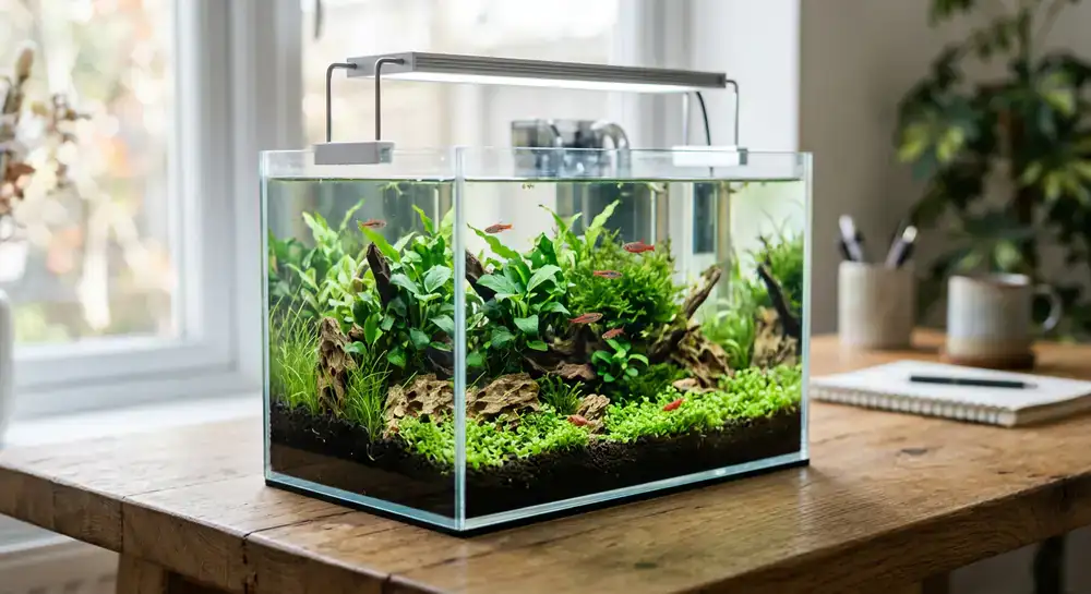 Small nano aquarium on a wooden desk